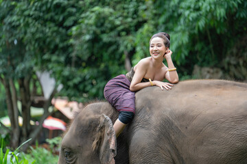 Fototapeta premium Beautiful woman wearing a traditional Thai dress riding elephant.