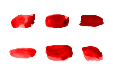 Set of red drawn brushes strokes stains watercolor technique