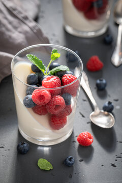 Vanilla and sweet Panna Cotta made of berries and milk.