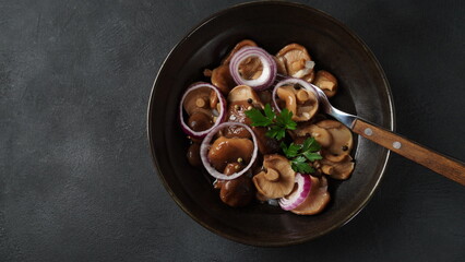 Salted mushrooms, Lactarius resimus, autumn harvest. Homemade pickled mushrooms, marinated red onion rings pepper, garlic, and bay leaf. Salted Lactarius resimus with oil and fresh chopped dill