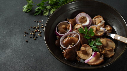 Salted mushrooms, Lactarius resimus, autumn harvest. Homemade pickled mushrooms, marinated red onion rings pepper, garlic, and bay leaf. Salted Lactarius resimus with oil and fresh chopped dill