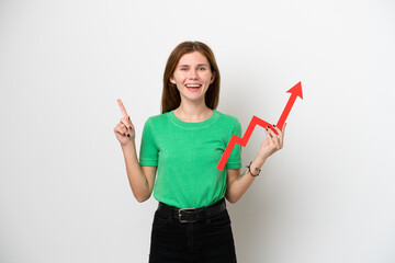 Young English woman isolated on white background holding a catching a rising arrow and pointing up