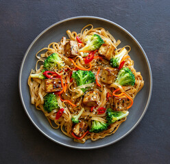 Udon noodles with tofu, broccoli, carrots, pepper and sesame. Healthy eating. Vegetarian food. Asian food.