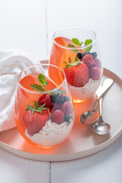 Fresh and sweet jelly as summer dessert in bowl.