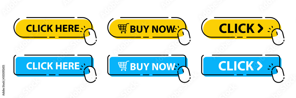 Fototapete Click Here Button with Click cursor. Set of action buttons website buy or download. Click button. Computer mouse cursor or Hand pointer symbol. Touching cursor for buy or register or links to websites