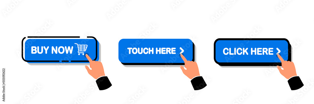 Poster click here button. set of action buttons website buy or download. click button. mouse cursor or hand