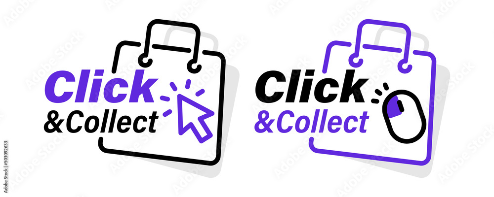Poster click and collect icons. click an collect with computer mouse pointer or mouse. mouse cursor or hand