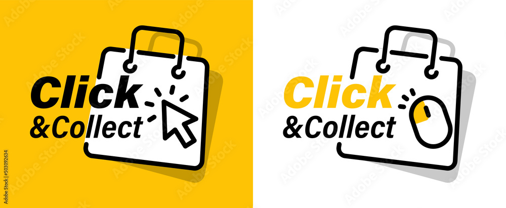 Poster click and collect icons. click an collect with computer mouse pointer or mouse. mouse cursor or hand