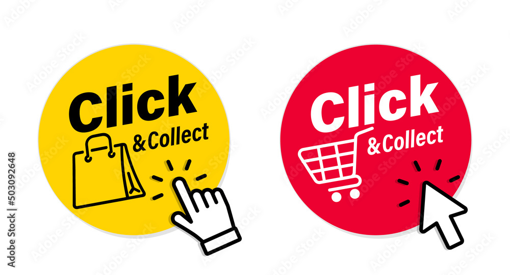 Poster click and collect icons. click an collect with computer mouse pointer or mouse. mouse cursor or hand
