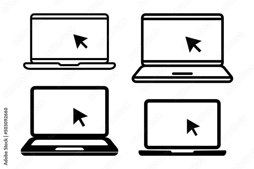 Fototapete Set of laptop vector icons on differents style with pointer or cursor icon. Notebook screen. Monitor icon for graphic design projects. Computer monitor with blank screen. Display with clicking mouse