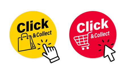 Click and collect icons. Click an collect with computer mouse pointer or mouse. Mouse cursor or Hand pointer. Concept online order or internet shopping. Ecommerce, internet sales and retail - obrazy, fototapety, plakaty