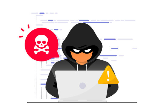 Hacker, Cyber criminal with laptop stealing user personal data. Hacker attack and web security. Internet phishing concept. Hacker in black hood with laptop trying to cyber attack. Programming Code