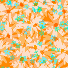 Fototapeta na wymiar Floral layered seamless pattern Simple flat transparent muted chamomile and forget-me-not flowers on a peach – orange background