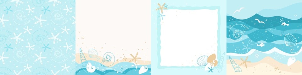 Summer sea flyer set. Summer holiday background, seamless pattern, frame. Vector illustration of waves, birds, seashells, starfish, water splashes