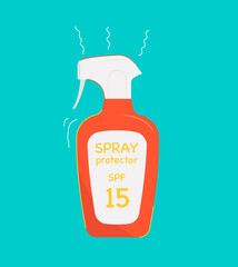 Sun protect spray for body with spf filter. Sunscreen products in summer vacation. 
