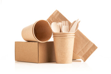 Paper cups, box and paper bag made of eco kraft paper. Wooden cutlery set. Recycling concept. Zero...