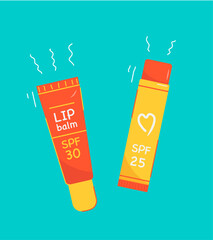 Sun protect products for lips, balm with spf uv filter.