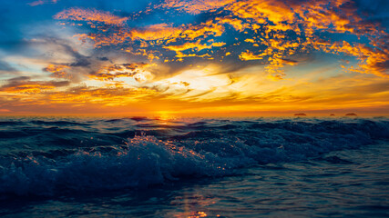 Amazing beach sunset Beautiful Landscape Ocean Summer sunset Natural background Dark tone style