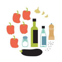 Fresh ajvar ingredients. Eggplant and bell pepper sause making. Round flat vector illustration isolated on white.