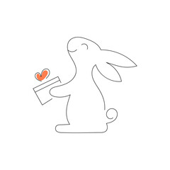 Cute rabbit with a gift box on a white background. Thin line outline style. Minimal design. Vector illustration. - 503094463