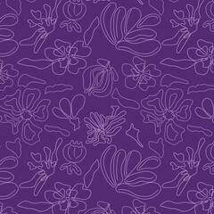 Seamless floral pattern on purple background. Vector image. Graphic linear wallpaper.