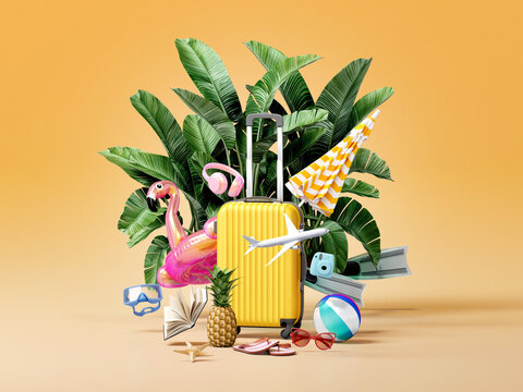3d rendering with suitcase, palm leaves, sun glasses, umbrella, straw hat, a camera, flip flops, inflatable flamingo float on a beach by the sea, a yellow travel minimal isolated concept