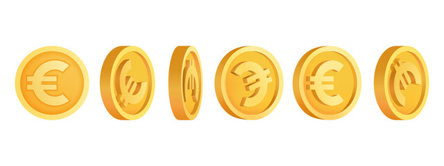 Set of European 3d coins in the form of the euro Volumetric bank currency. 3d euro coins in different positions. Cash transfer Banking and finance. Isolated vector illustration - obrazy, fototapety, plakaty