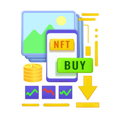 Buying NFT for cryptocurrencies and paying with token or bitcoin on blockchain and ethereum for cryptocurrency. Digital collectibles marketplace. 3d vector illustration