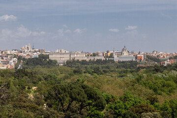 Fototapeta premium Views from the Cable car or Teleferico in Madrid. Giving clients awesome views over the skyline. The Royal palace and Almudena cathedral can be seen as well as the skyscrapers