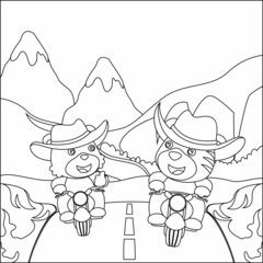 Vector illustration of cute bear and tiger ride a motorcycle, Funny vector illustration, Line Art Design Hand Drawing Sketch Vector illustration For Adult And Kids Coloring Book.