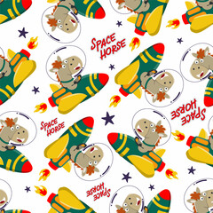 Obraz premium Vector illustration of cute horse astronaut play with his rocket. Animal in outer space. Creative vector childish background for fabric textile, nursery wallpaper, poster, and other decoration.