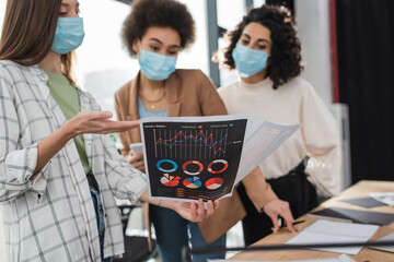 Businesswoman in medical mask pointing at paper with charts near blurred multiethnic colleagues in office.