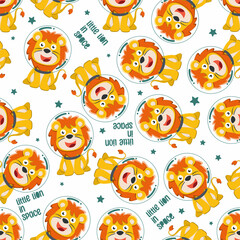 Fototapeta premium Seamless pattern of cute lion astronaut exploring the red planet. Mission to search for traces of life. Creative vector childish background for fabric textile, nursery wallpaper, and other decoration.