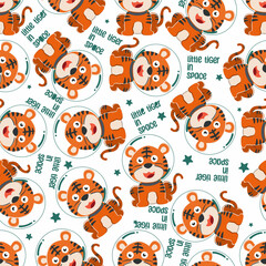 Seamless pattern of cute tiger astronaut exploring the red planet. Mission to search for traces of life. Creative vector childish background for fabric textile, nursery wallpaper, and other decoration