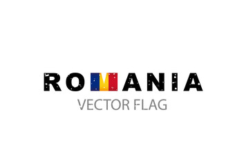 Flag of Romania in the form of the letter M in the word ROMANIA. Vector illustration isolated on white background.
