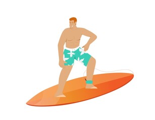 Surfer man wearing summer shorts riding the surfboard. Isolated character on white background, flat vector illustration