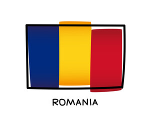 Flag of Romania. Colorful logo of the Romanian flag. Blue, yellow and red hand-drawn brush strokes. Black outline.