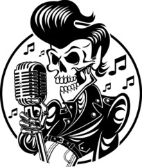 rockabilly skeleton singing in vintage microphone - obrazy, fototapety, plakaty