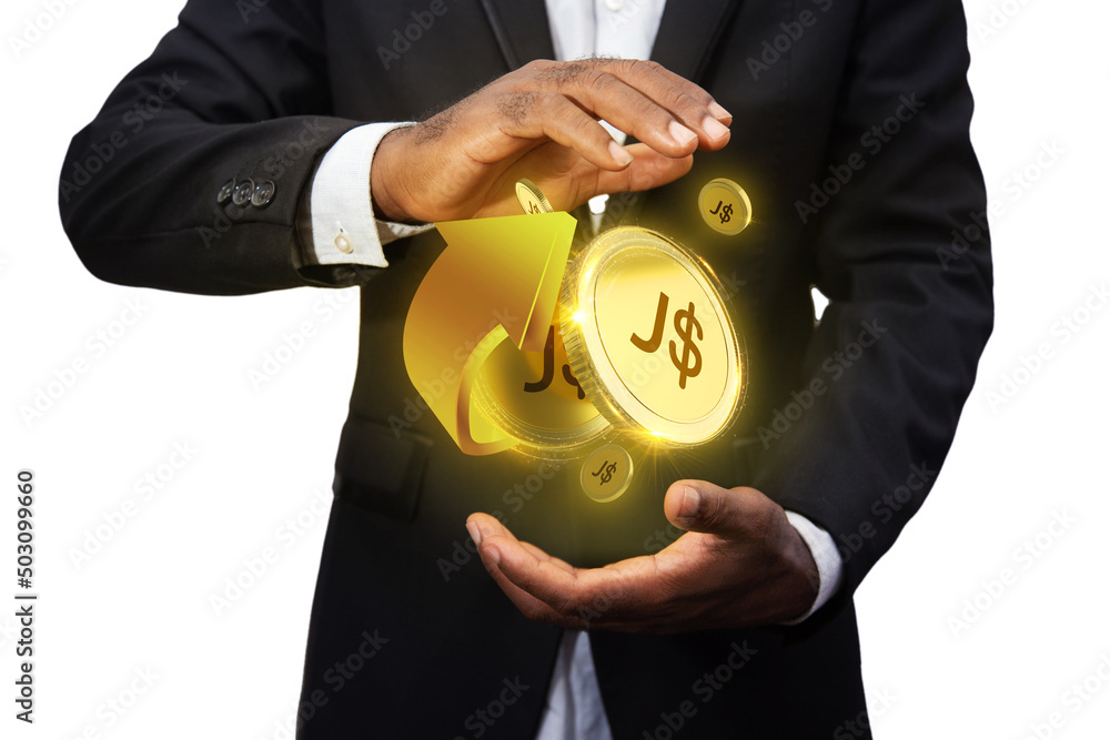 Poster 3d rendering of jamaican dollar coins concept floating over palm of business man, digital currency s