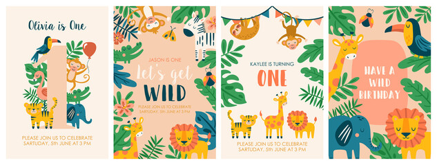Birthday party invitation set with cute jungle animals. Childish print for greeting cards and templates - obrazy, fototapety, plakaty