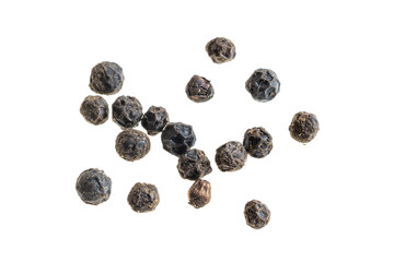 black peppercorns with a visible texture on a white background