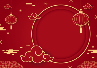 Happy Chinese new year 2023. Chinese new year banner with circle for show product. Greeting card. China frame with lantern on red background.