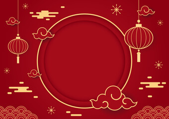 Happy Chinese new year 2023. Chinese new year banner with circle for show product. Greeting card. China frame with lantern on red background.