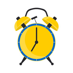 Alarm clock with yellow and blue arrows showing 7 am on a white background. It's time to get up and wake up for work, school. 
