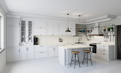 Modern style kitchen with light counter top with sink, hob, oven, kitchen utensils. 3D rendering.