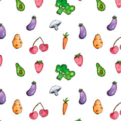Seamless vegetables, fruit and berries pattern (carrot,eggplant, cherry,broccoli, avocado, strawberry, mushroom, potato), hand drawn on a white background