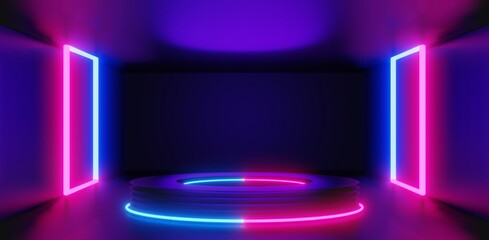 abstract backgound video game of scifi gaming cyberpunk, vr virtual reality simulation and metaverse, scene stand pedestal stage, 3d illustration rendering, futuristic neon glow room © issaronow