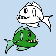 A set of color and sketch pictures. Predatory green fish with sharp teeth, vector cartoon illustration