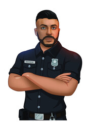 man in uniform. Cool police officer with beard an blue eyes vector.
