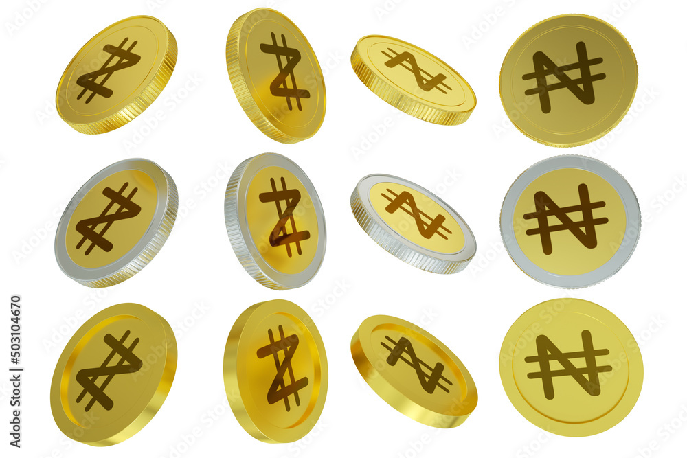 Poster 3d rendering of nigerian naira coin concept in different angles. shilling sign design isolated on wh